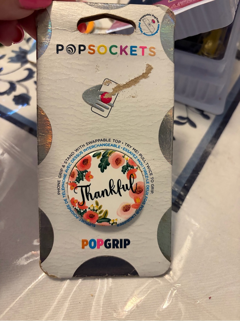 PopSocket PopGrip Thankful Floral Phone Grip - White with Pink & Green Accents